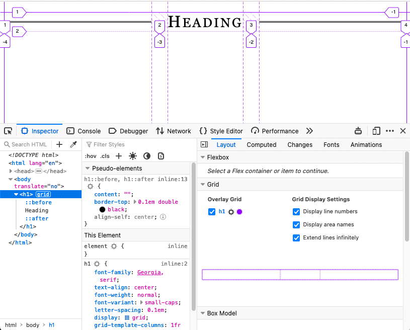 أدوات المطوّرين في Firefox تعرض تراكب شبكة.