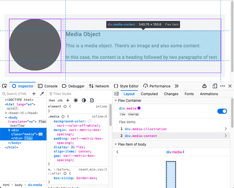 Developer tools in Firefox showing a flexbox overlay.