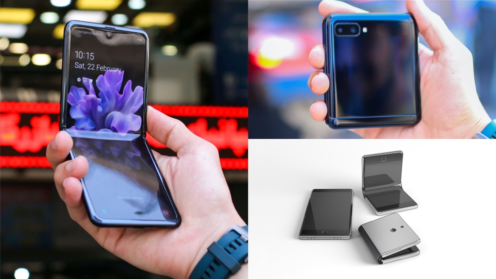 A montage of foldable phones in different configurations.
