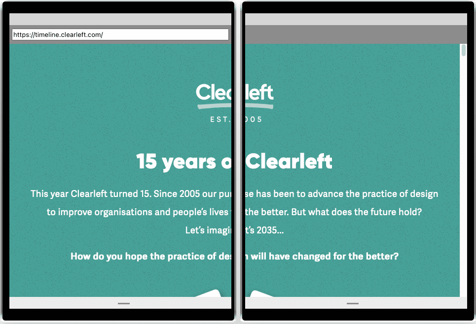Um site que abrange duas telas. O fluxo horizontal do texto é interrompido pela articulação entre as telas.