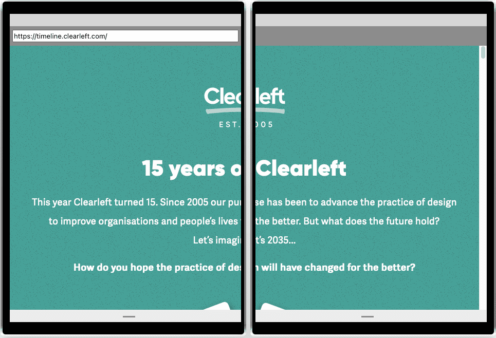 Un sito web su due schermi. Il flusso orizzontale di testo è interrotto dalla cerniera tra gli schermi.