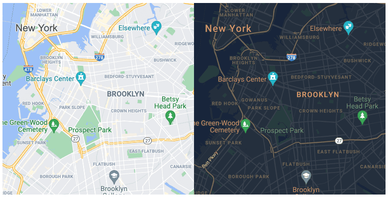 브루클린의 두 지도. 하나는 밝은 색상을 사용하고 다른 하나는 어두운 색상을 사용합니다.