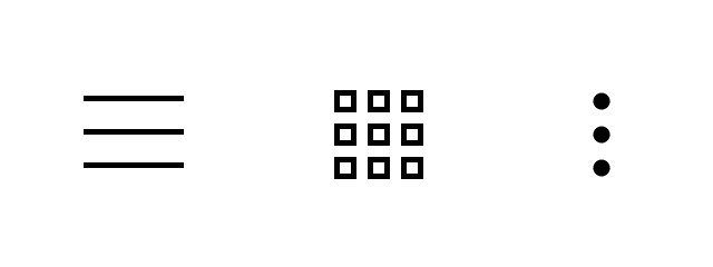 Tiga ikon tak berlabel: yang pertama adalah tiga garis horizontal; yang kedua adalah kisi tiga kali tiga; yang ketiga adalah tiga lingkaran yang disusun secara vertikal.
