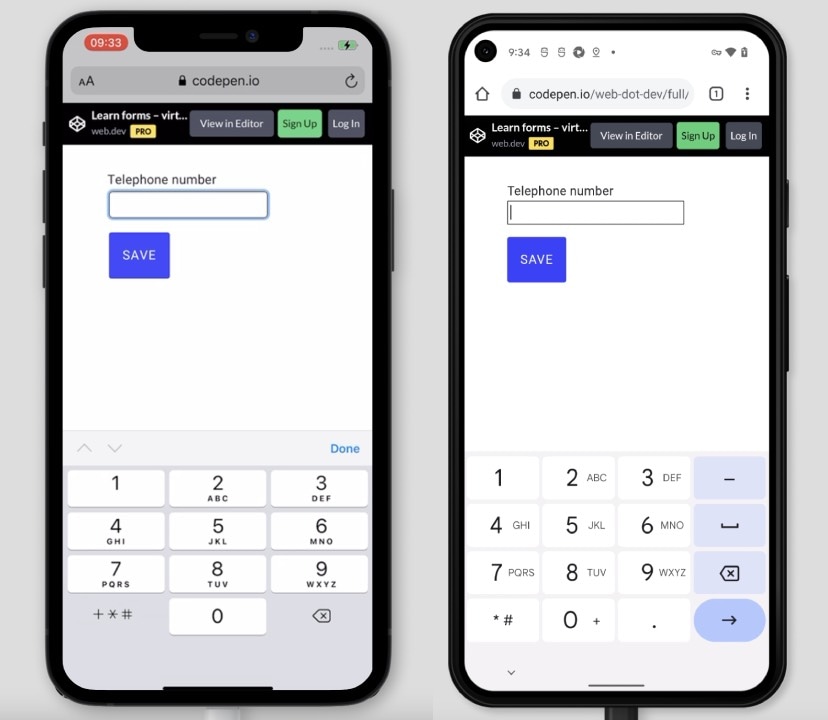 ภาพหน้าจอ 2 ภาพขององค์ประกอบอินพุตที่มี type=&#39;tel&#39; บน iOS และ Android แสดงให้เห็นว่าแอตทริบิวต์ประเภททำให้แป้นพิมพ์บนหน้าจอเปลี่ยนไปอย่างไร