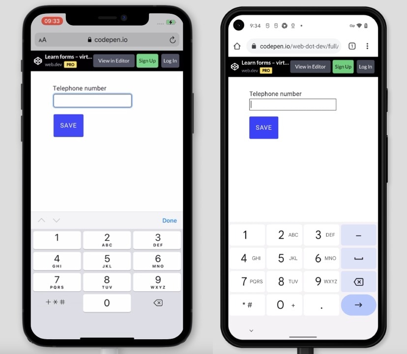 Duas capturas de tela de um elemento de entrada com type=&#39;tel&#39; no iOS e no Android, mostrando como o atributo type altera o teclado na tela.
