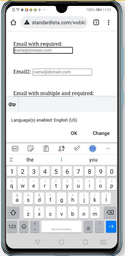 Teclado de Android que muestra el tipo de entrada=correo electrónico