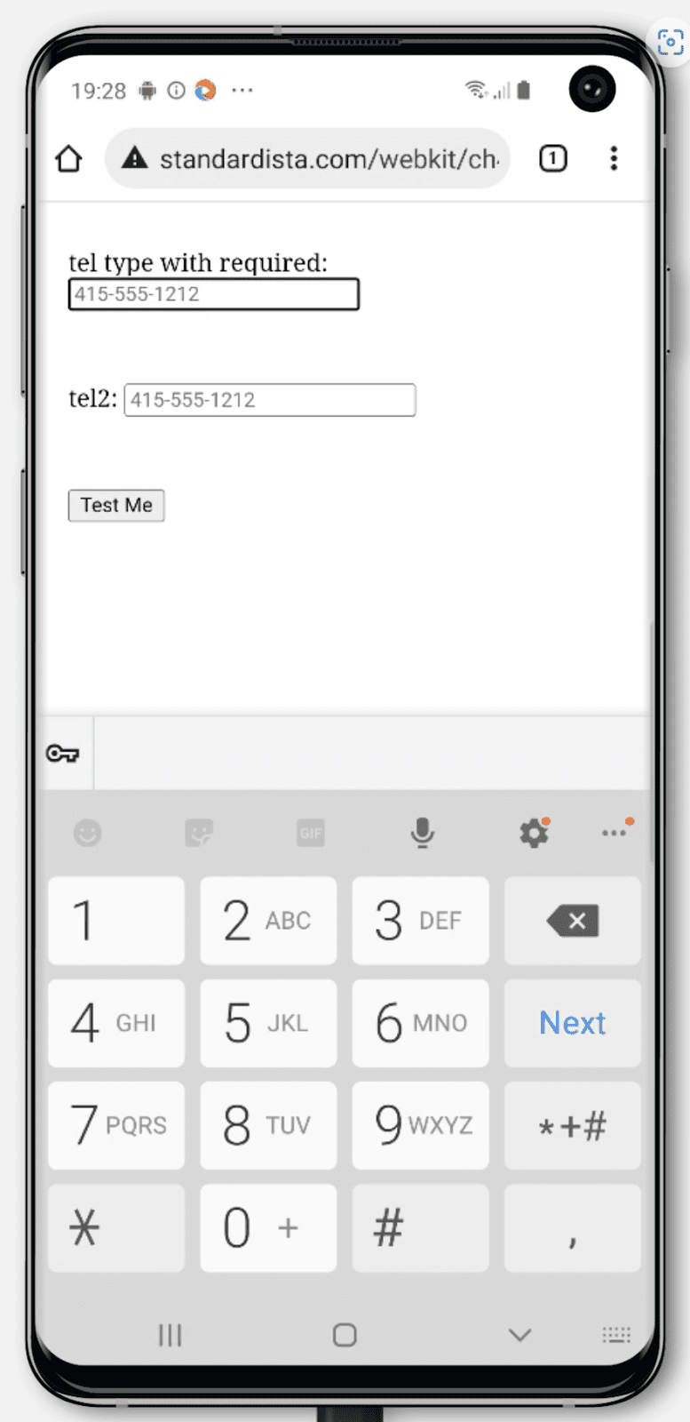 Android-Tastatur, auf der „input type=tel“ angezeigt wird