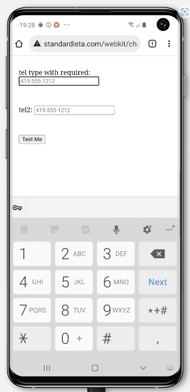 Teclado de Android que muestra el tipo de entrada "tel".