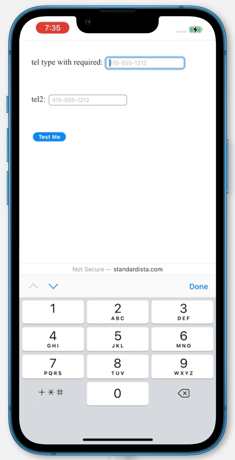 Tastiera dell'iPhone che mostra il tipo di input=tel.