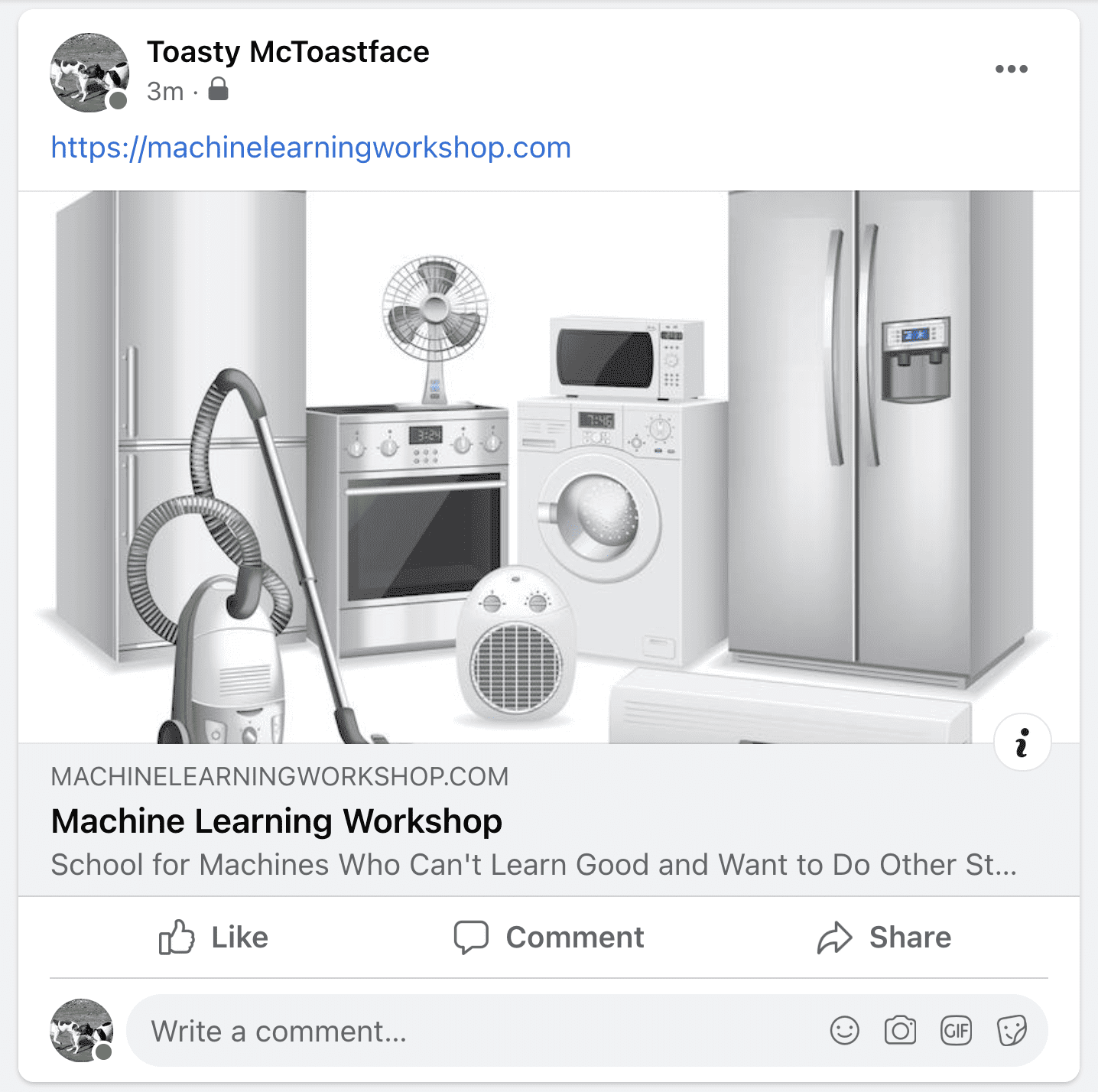 Scheda Facebook per il workshop sul machine learning.