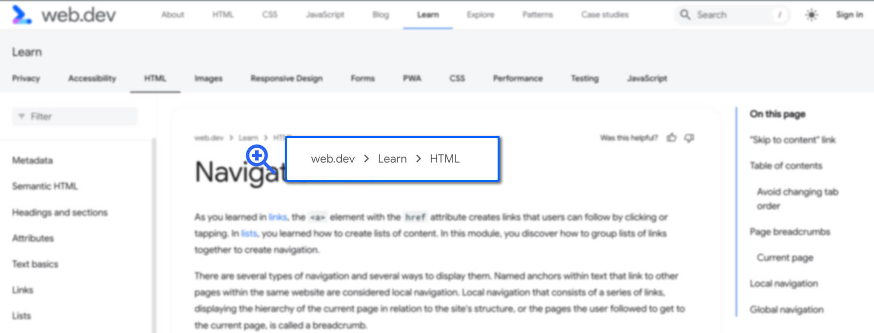 Rutas de navegación que indican la ruta de acceso a la página de navegación.