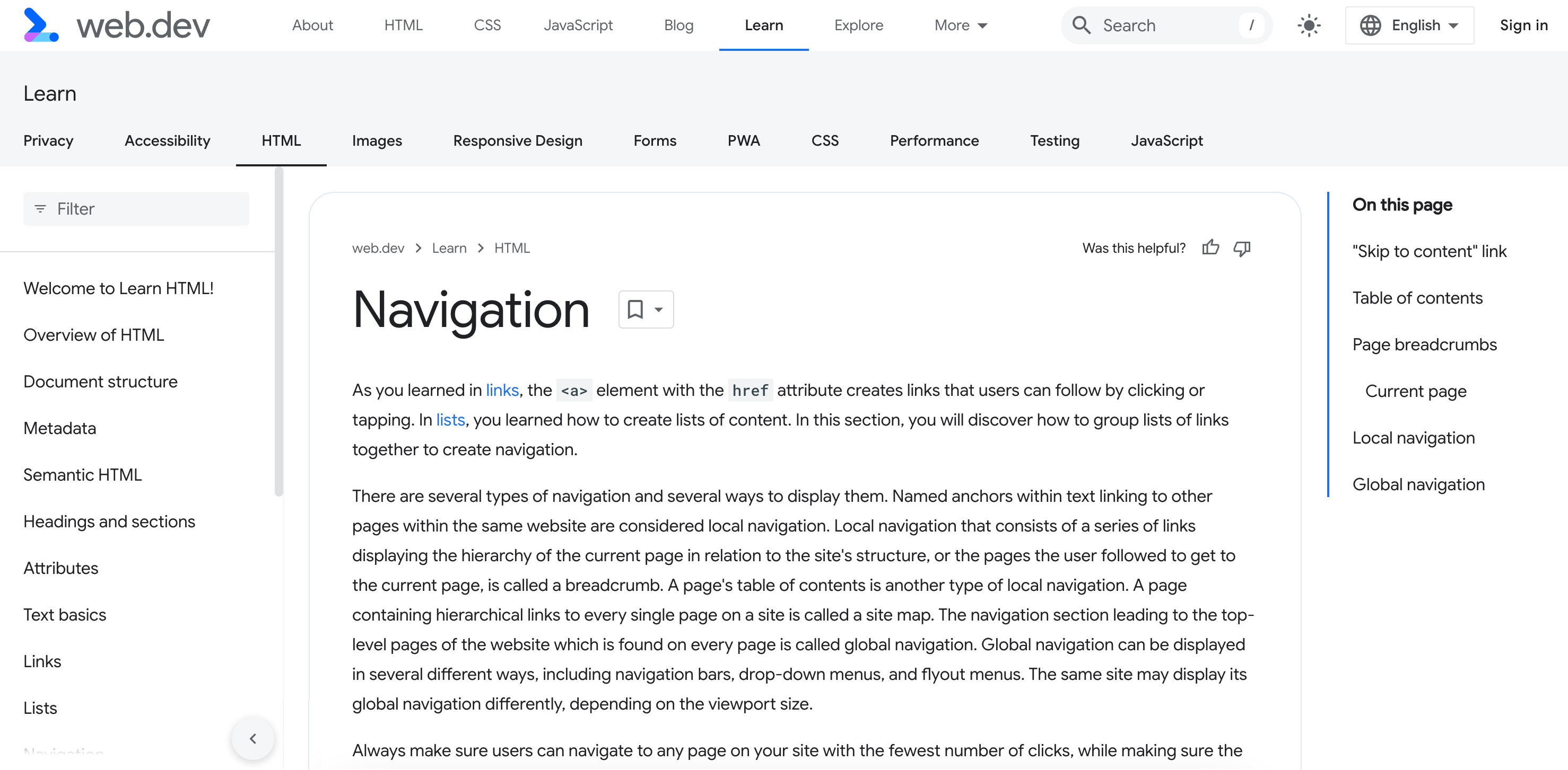 The Navigation module of Learn HTML.