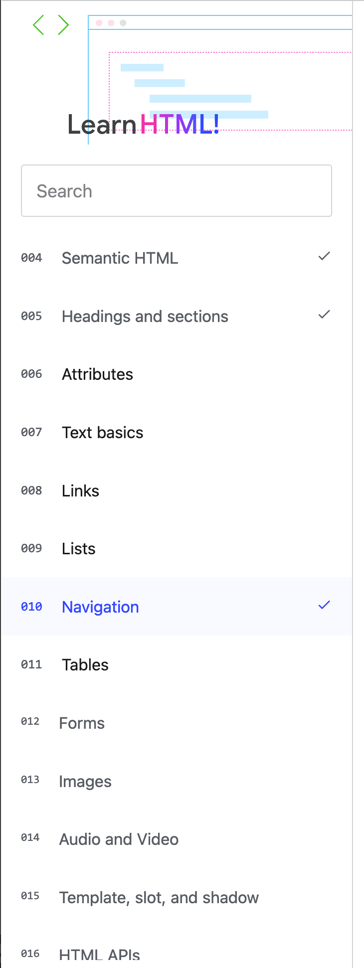 The local navigation is showing a checkmark next to the name of this chapter.