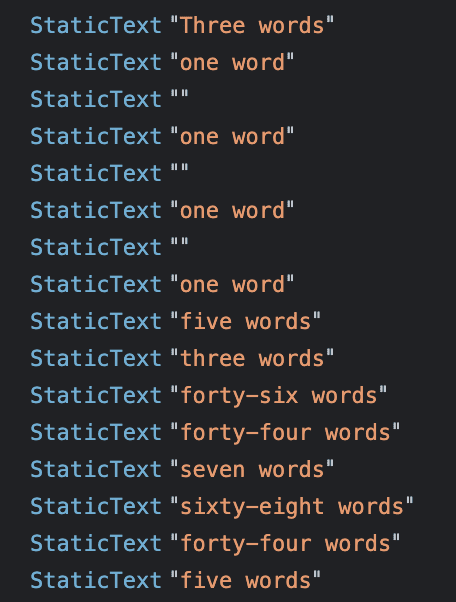 Tutti i nodi di testo sono elencati come testo statico.