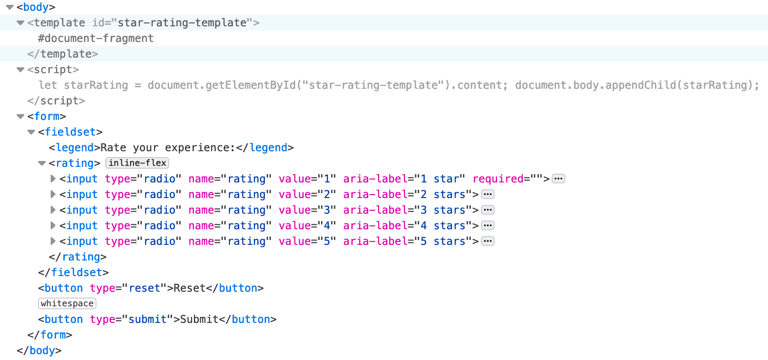 Скриншот предыдущего кода, показанного в DOM.