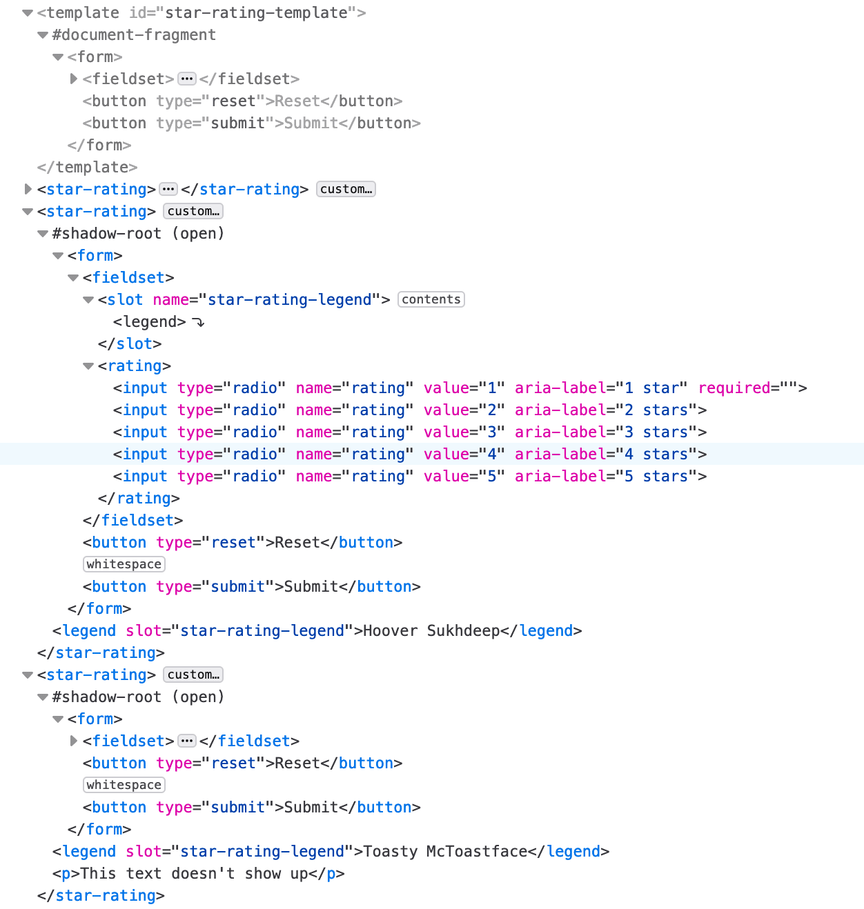 Captura de tela do DevTools mostrando o conteúdo do modelo clonado em cada elemento personalizado.