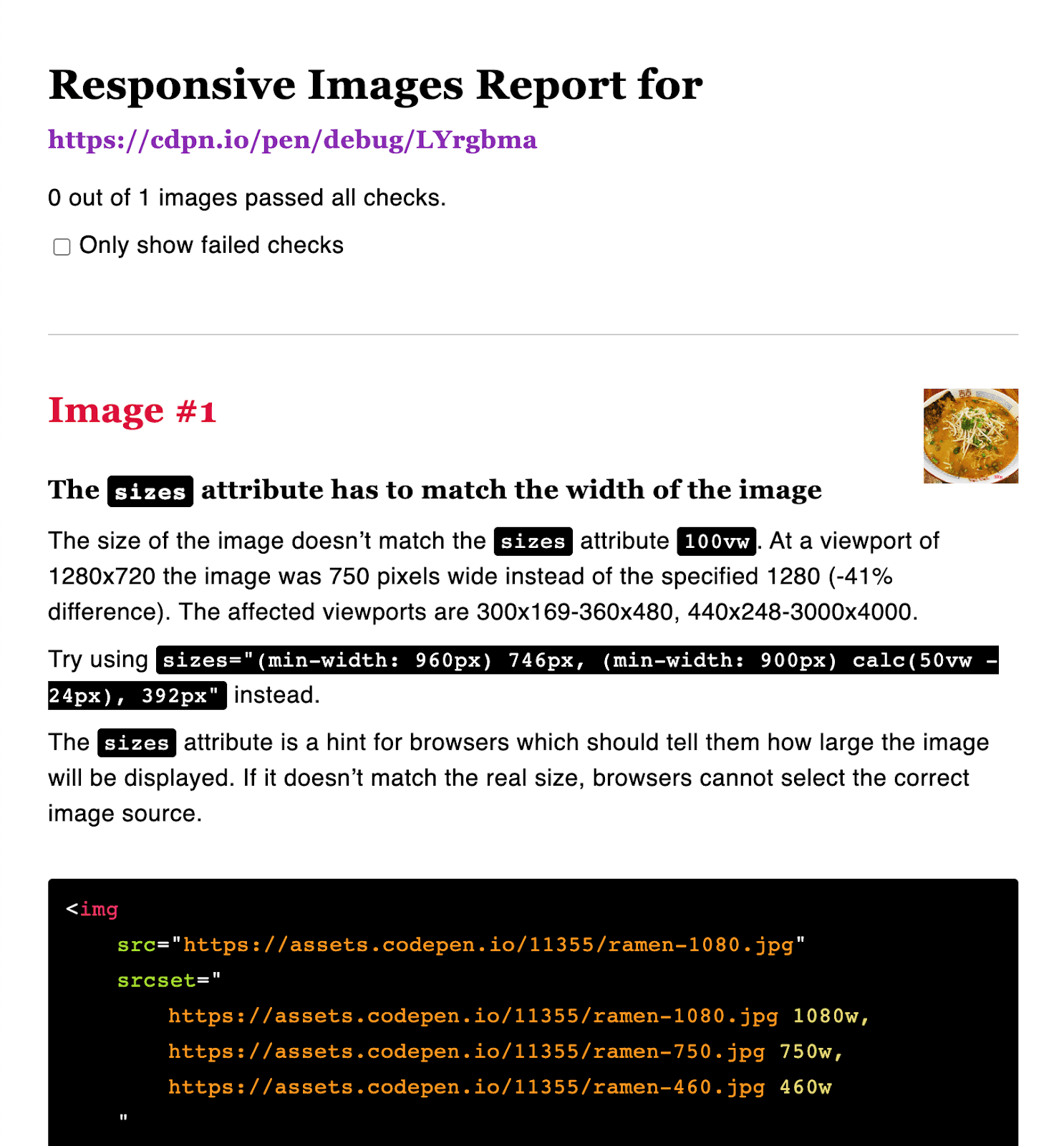 Responsive image report with suggested dimensions.
