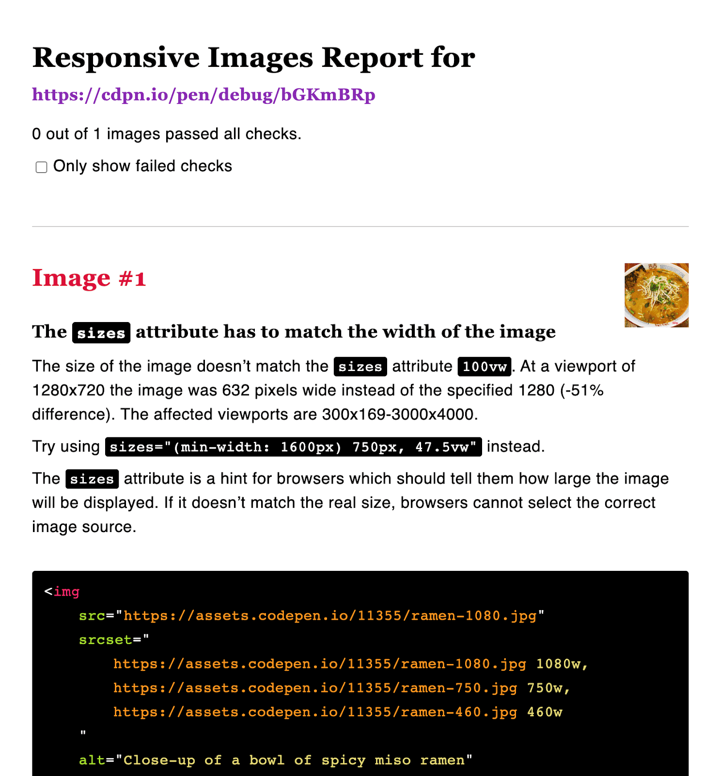 Relatório de imagem responsiva mostrando a incompatibilidade de tamanho/largura.