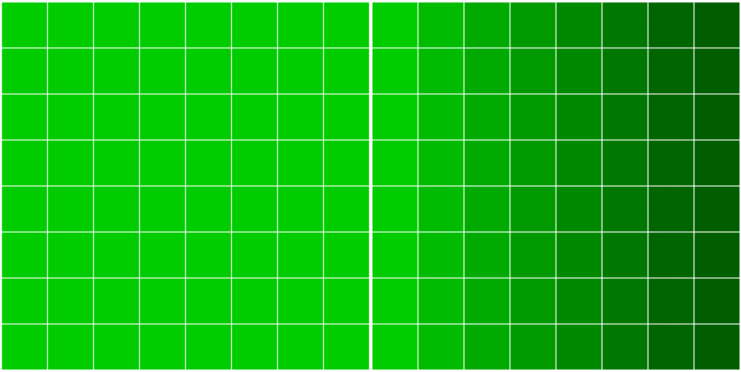 An eight-by-sixteen grid of green blocks ranging in hue from light to dark.