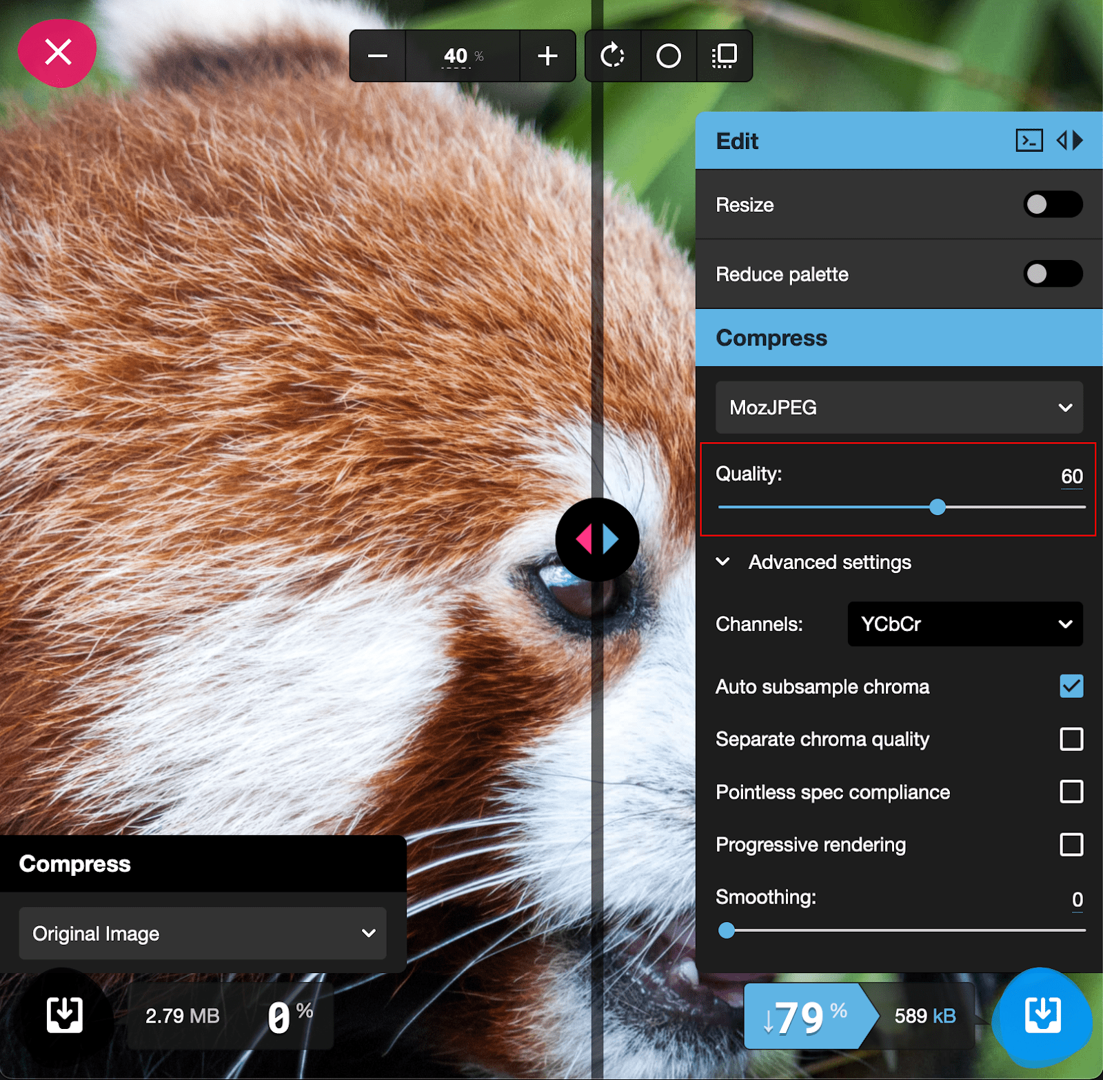 The Squoosh settings panel, with the quality slider highlighted.