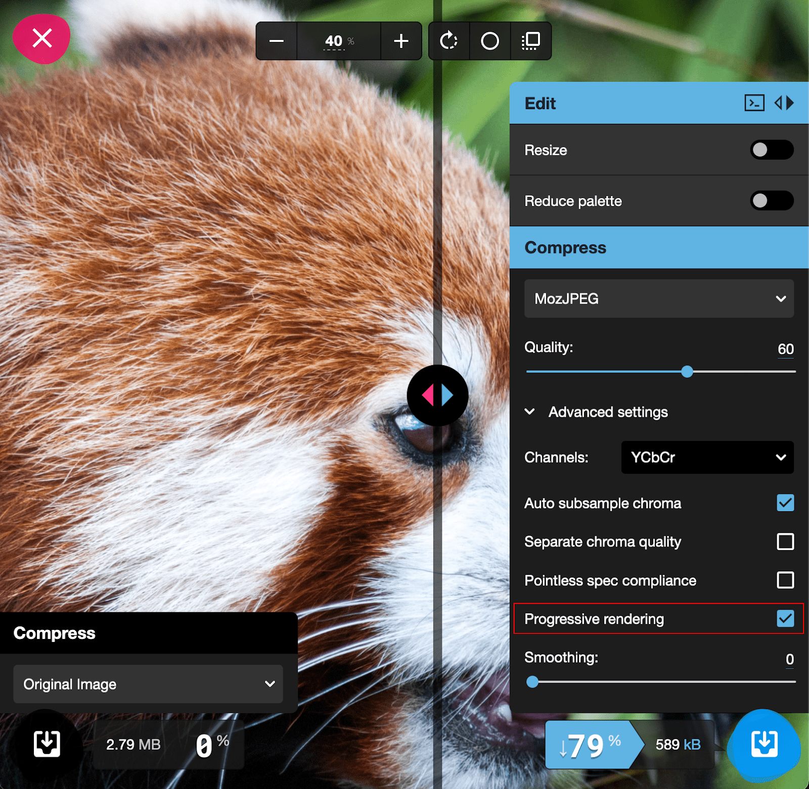 The Squoosh settings panel, with the progressive rendering setting highlighted.