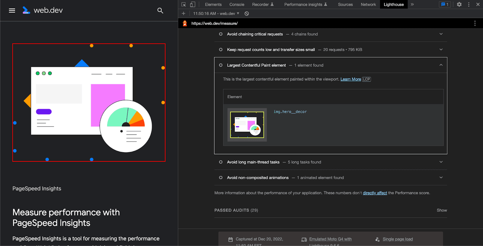 LCP được làm nổi bật trong bảng điều khiển của một trang web.dev