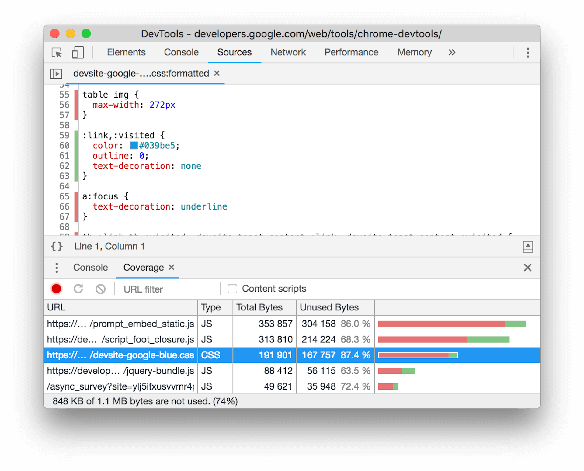 Chrome DevTools의 적용 범위 도구 스크린샷 하단 창에서 선택된 CSS 파일이 현재 페이지 레이아웃에서 사용되지 않는 상당량의 CSS를 표시합니다.