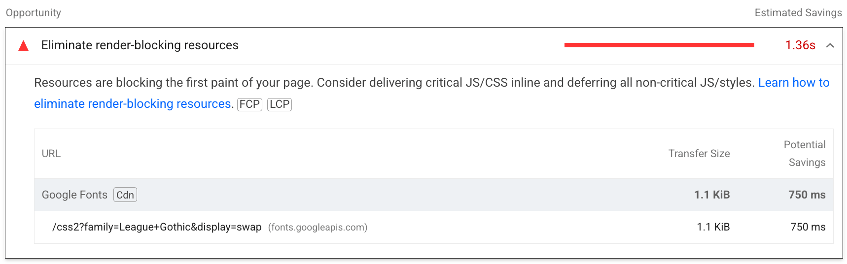 Captura de tela da auditoria do Lighthouse para eliminar recursos bloqueadores de renderização. A auditoria mostra os recursos que bloqueiam a renderização e o tempo de bloqueio.