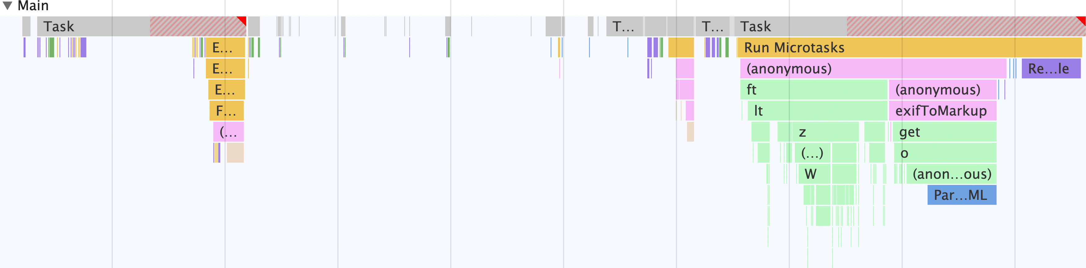 The performance profiler showing the image metadata extractor app's activity occurring entirely on the main thread. The there are two substantial long tasks—one that runs a fetch to get the requested image and decode it, and another that extracts the metadata from the image.