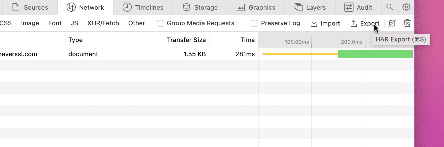 Safari Web Inspector Network panel with the HAR export option highlighted.