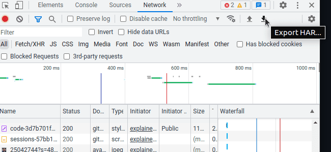 HAR 다운로드 기호가 강조표시된 Chrome DevTools 네트워크 패널