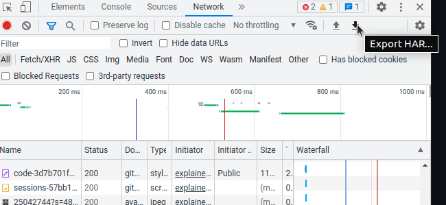 Panneau réseau Outils pour les développeurs Chrome, avec le symbole &quot;Télécharger le fichier HAR&quot; encadré