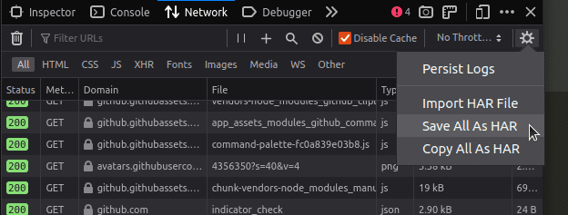 Im Bereich „Netzwerk“ der Firefox-Entwicklertools ist die Option „Alle speichern unter“ markiert.