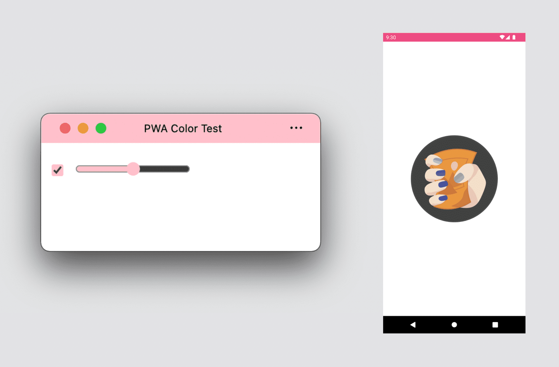 PWA บนเดสก์ท็อปที่แสดงธีมและสีเฉพาะจุด รวมถึงหน้าจอแนะนําของ Android PWA ที่แสดงธีมและสีพื้นหลัง