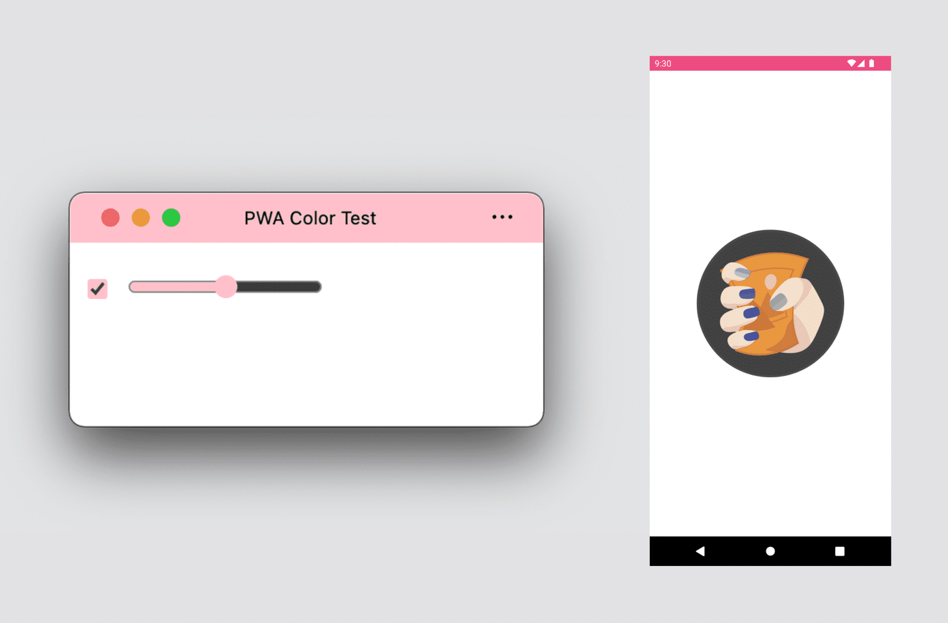 אפליקציית PWA למחשב שמציגה צבעי עיצוב וצבע משני, ומסך פתיחה ל-PWA ל-Android שמוצגים בו צבעי עיצוב ורקע.