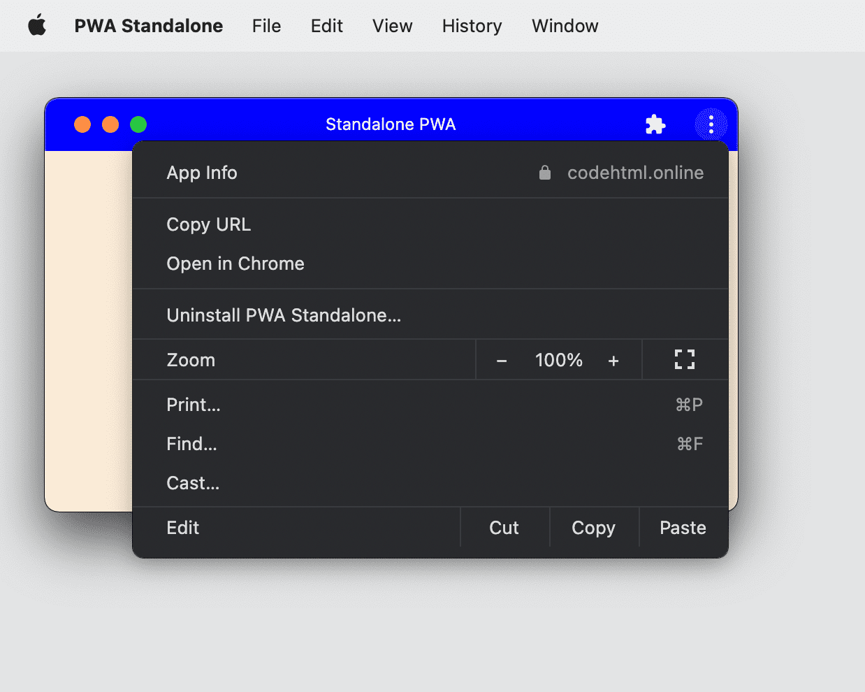 Aplikacja PWA zainstalowana w Google Chrome na komputerze, z widocznym menu i ikoną wtyczek.