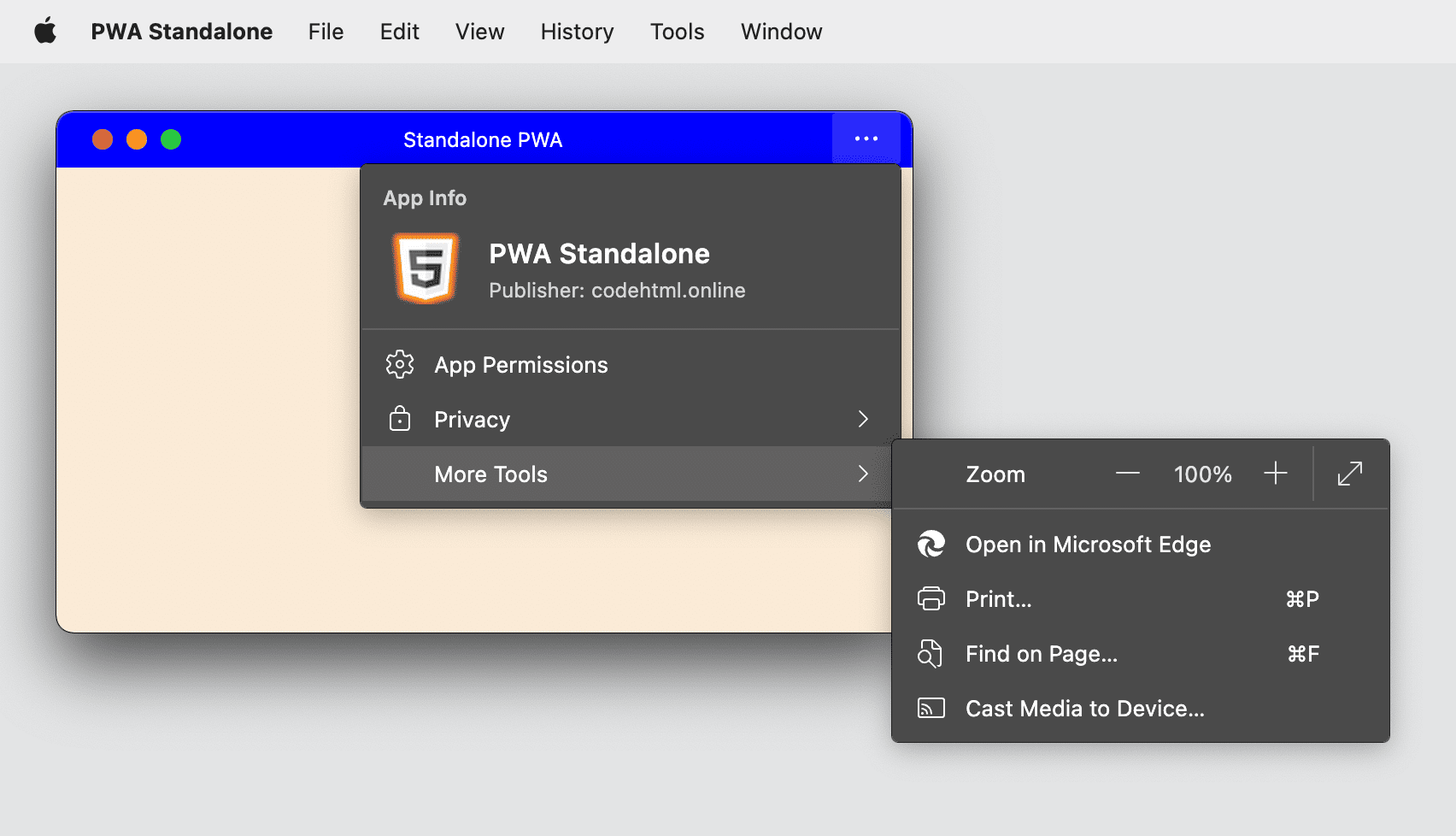 Aplikacja PWA zainstalowana w przeglądarce Microsoft Edge na komputerze z wyświetlonym menu.