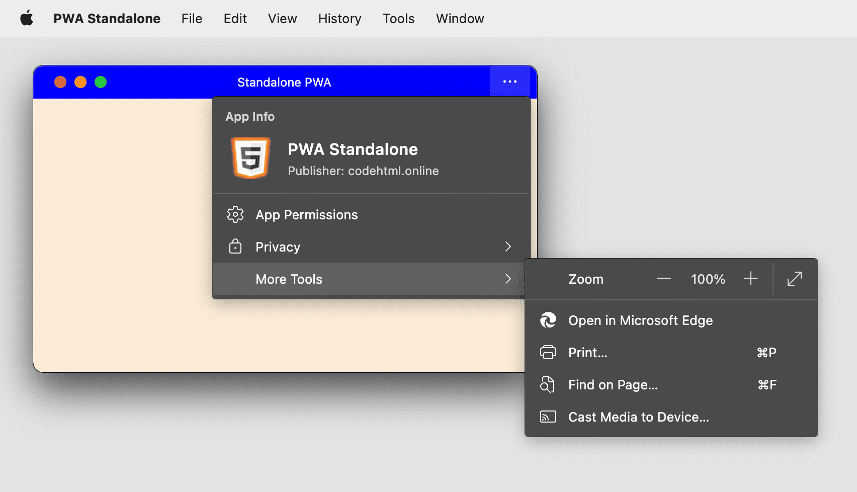 PWA installée avec Microsoft Edge sur un ordinateur affichant son menu