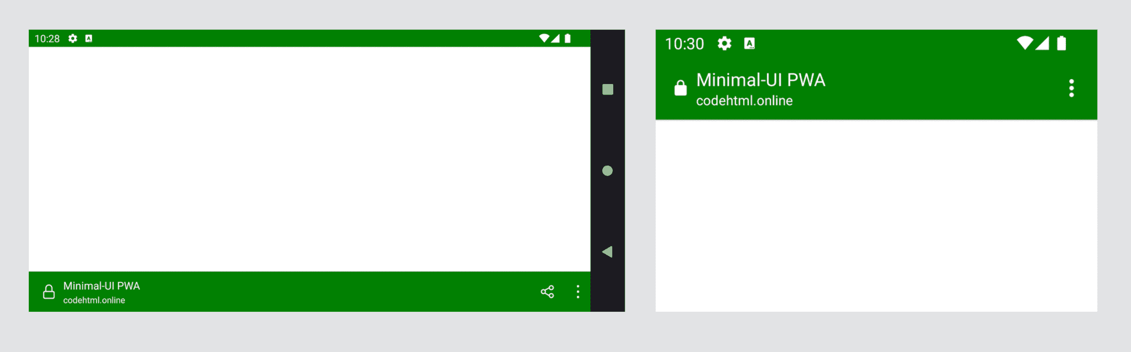 Android では、ブラウザは最小 UI 用に読み取り専用のテーマ設定されたナビゲーション バーを使用します（Firefox と Chrome の場合）。