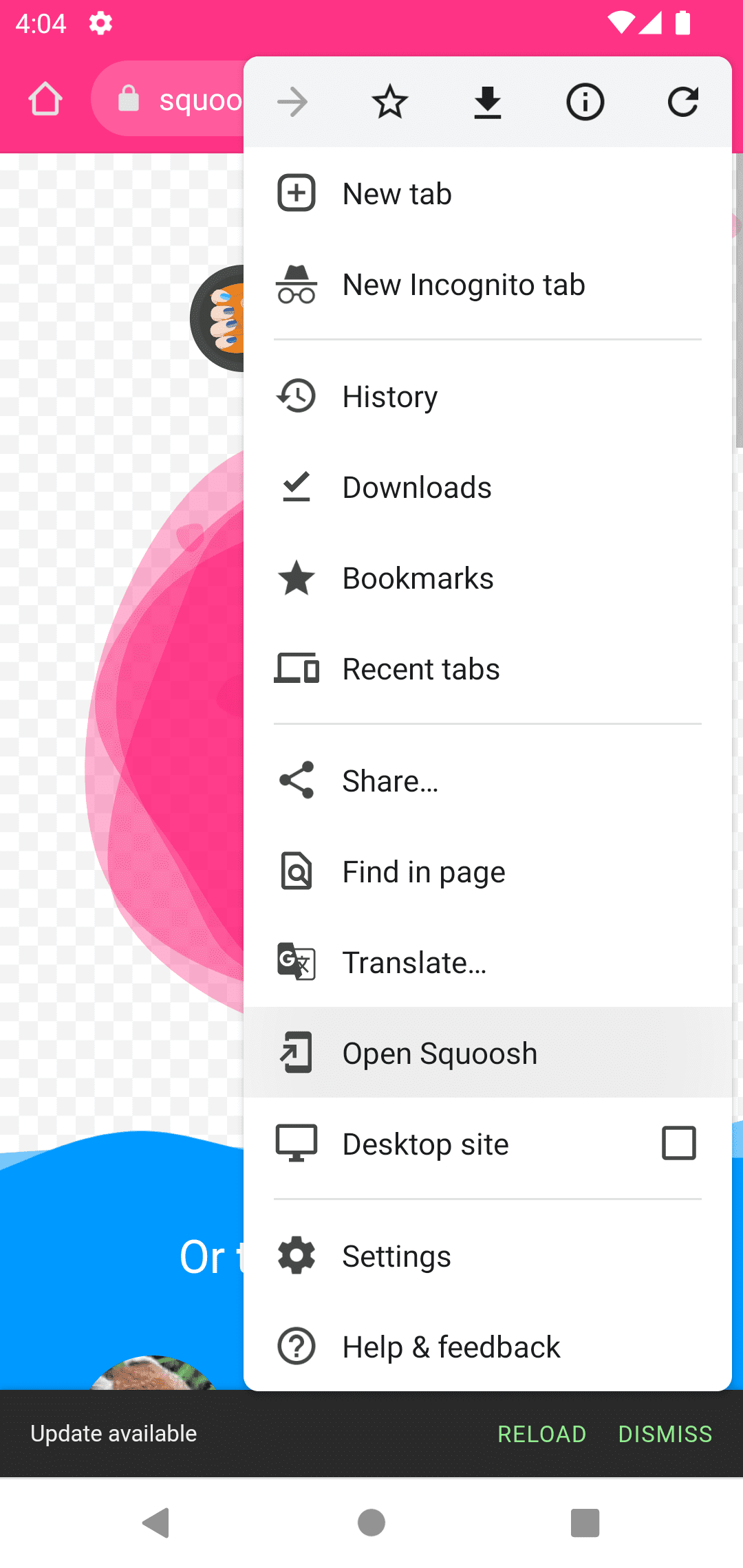 Android 版 Chrome 会显示菜单项,以便在 PWA 窗口中打开新导航栏。