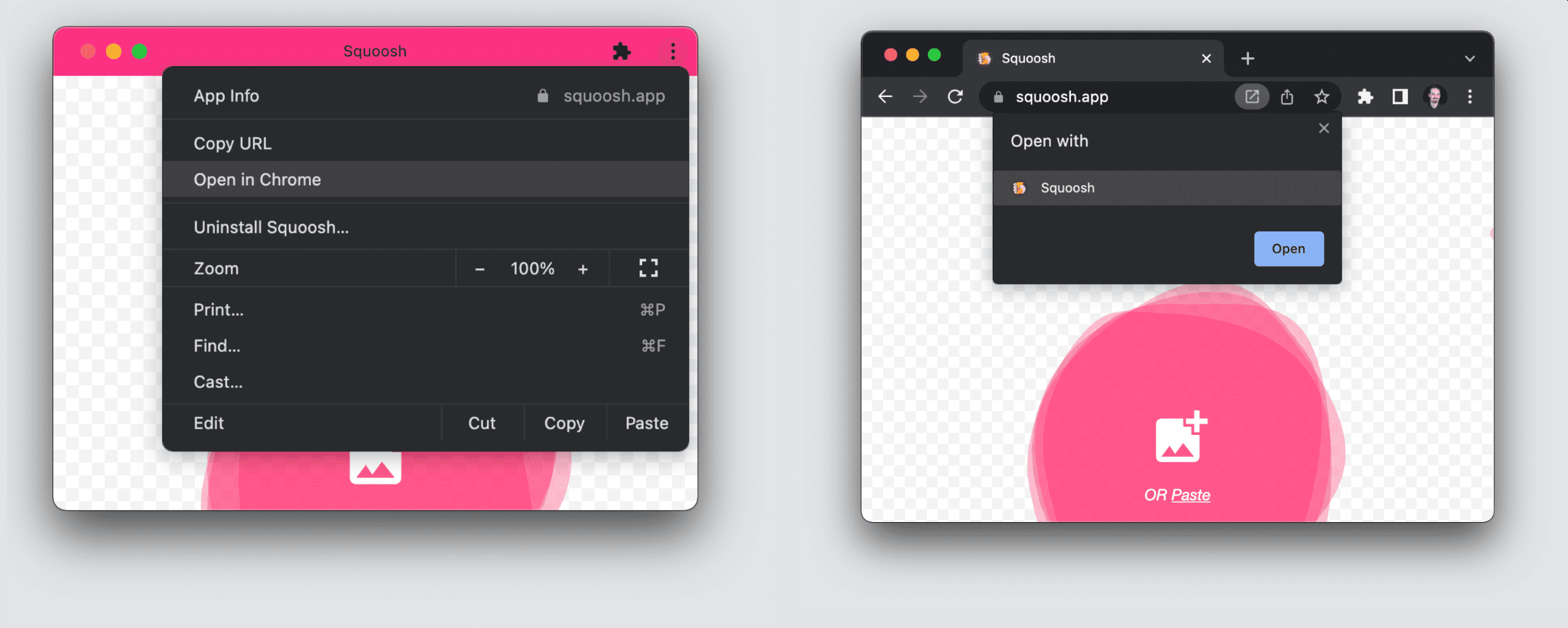 Navigation transfer between a browser tab and a PWA window.