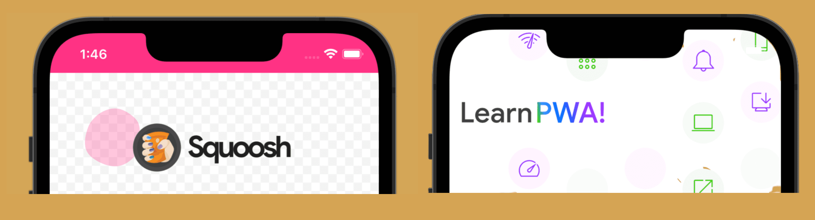 スタンドアロンのデフォルト動作（左）と全画面表示の iOS 画面（右）。