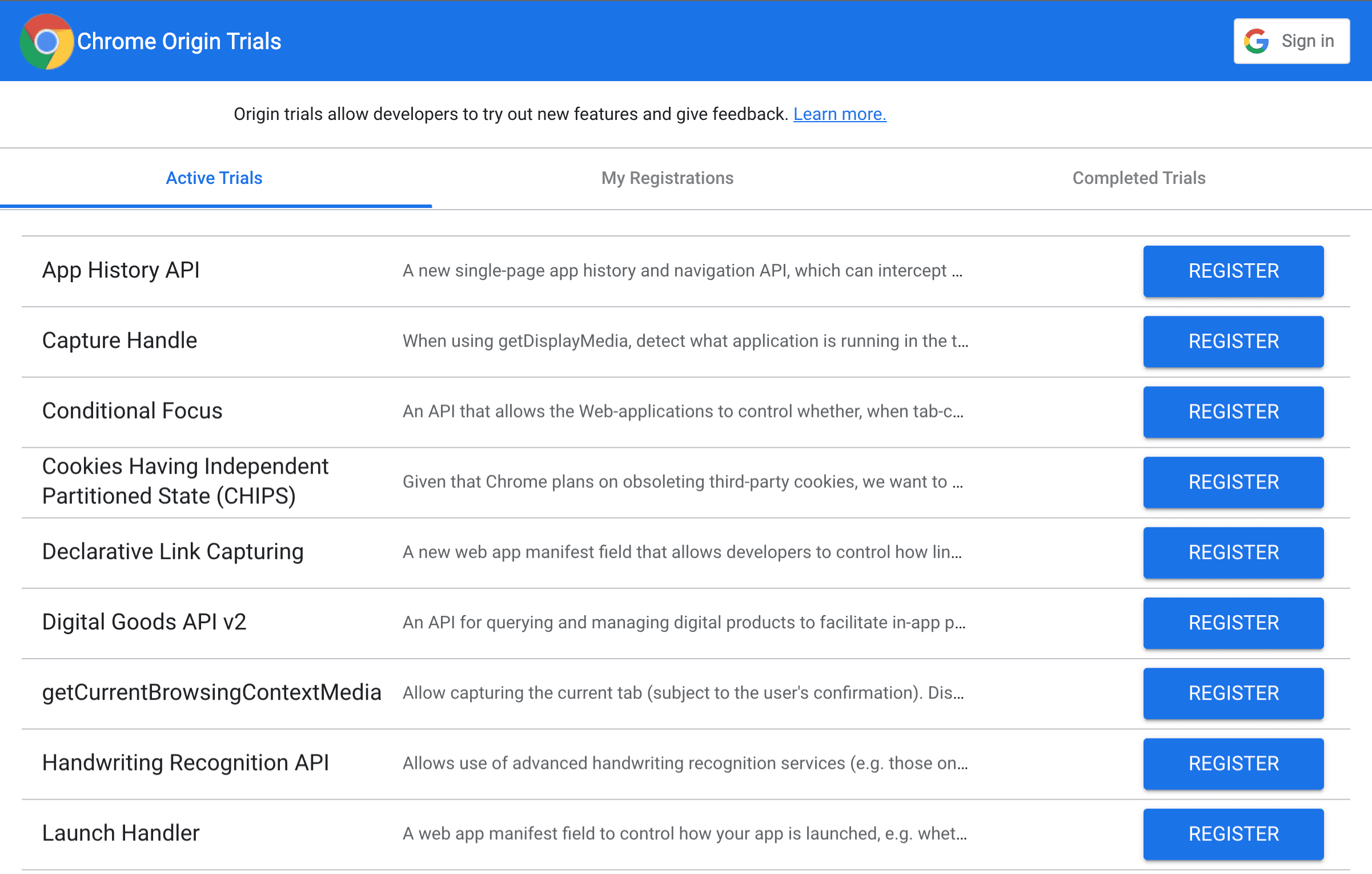 รายการช่วงทดลองใช้จากต้นทางที่พร้อมใช้งานสำหรับ Google Chrome