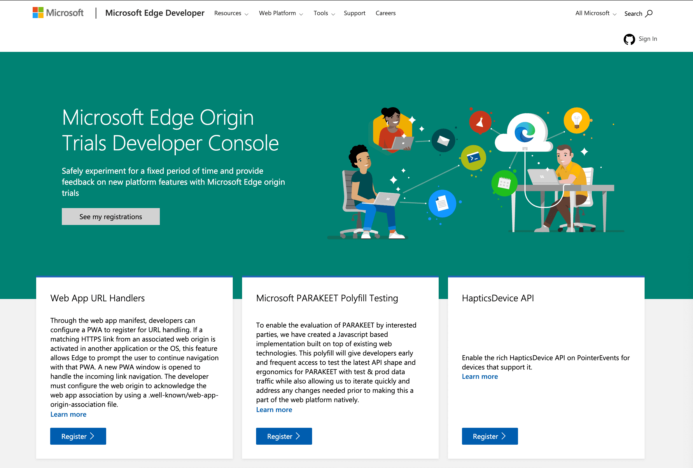 لیستی از آزمایشهای اولیه موجود برای Microsoft Edge.