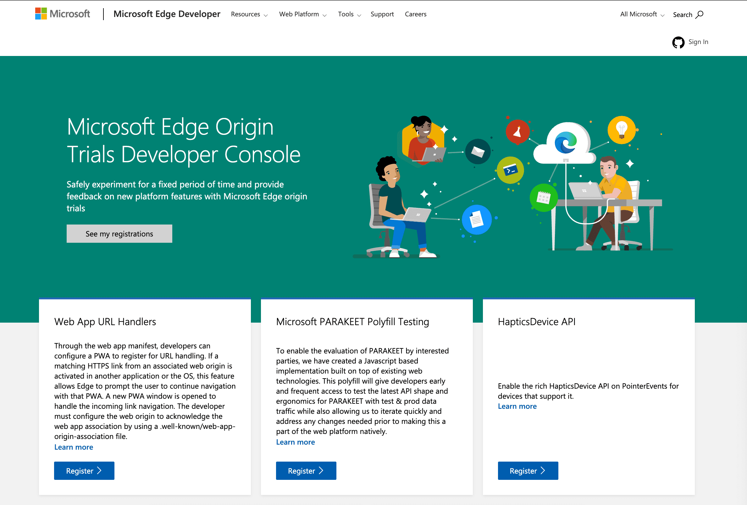 Microsoft Edge 的可用來源試用清單。
