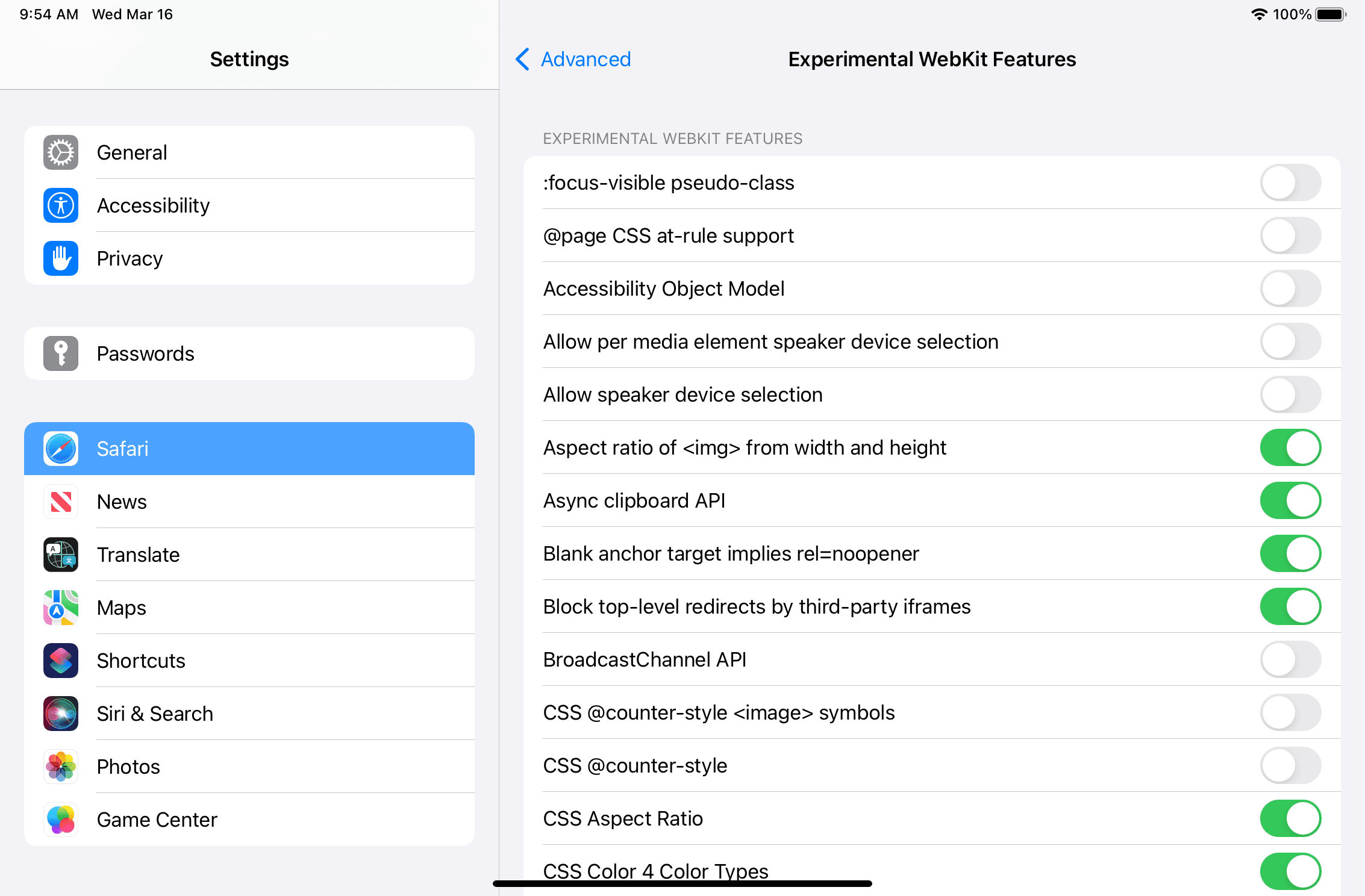 Experimental features available on Safari on iPadOS.