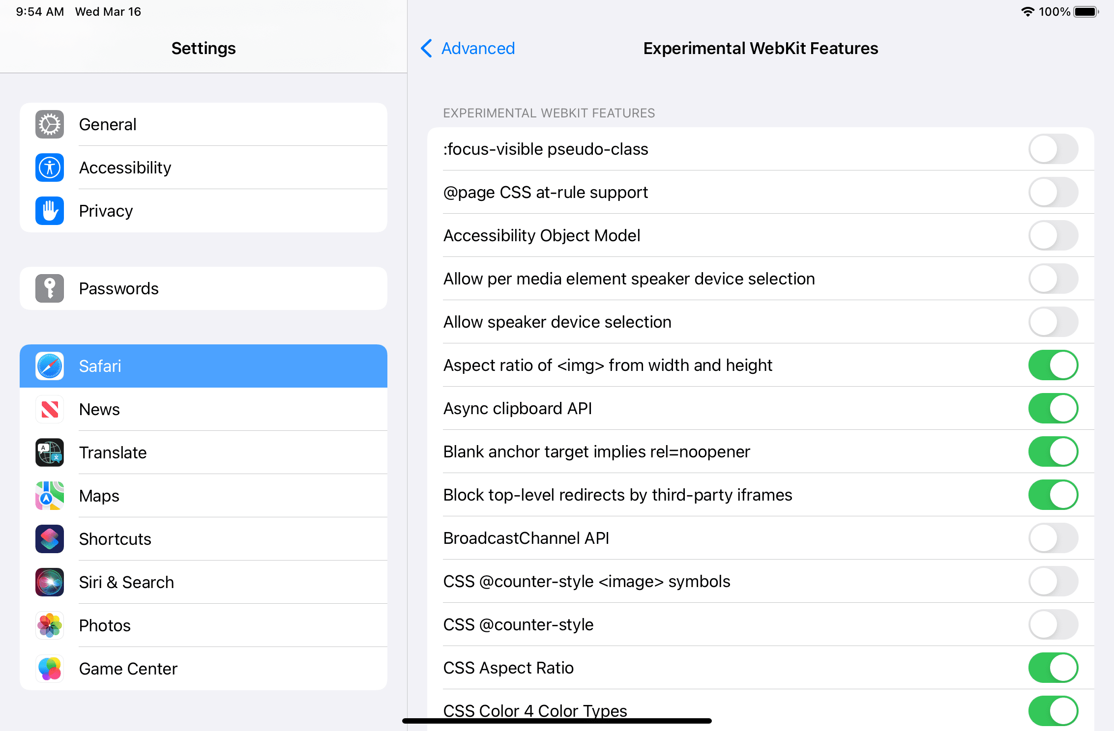 iPadOS'teki Safari'de kullanıma sunulan deneysel özellikler.