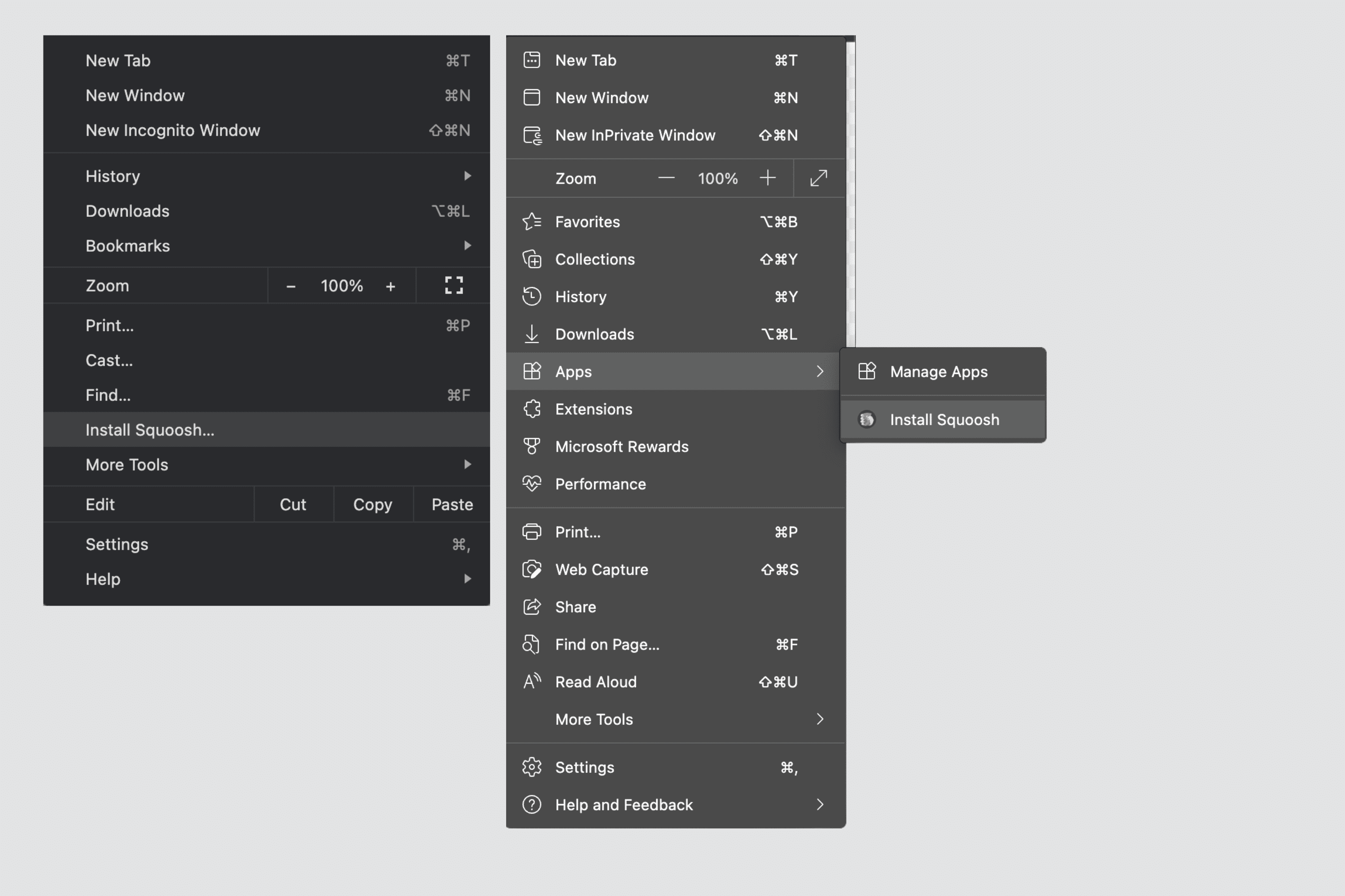 Chrome and Edge menu items for PWA installation.