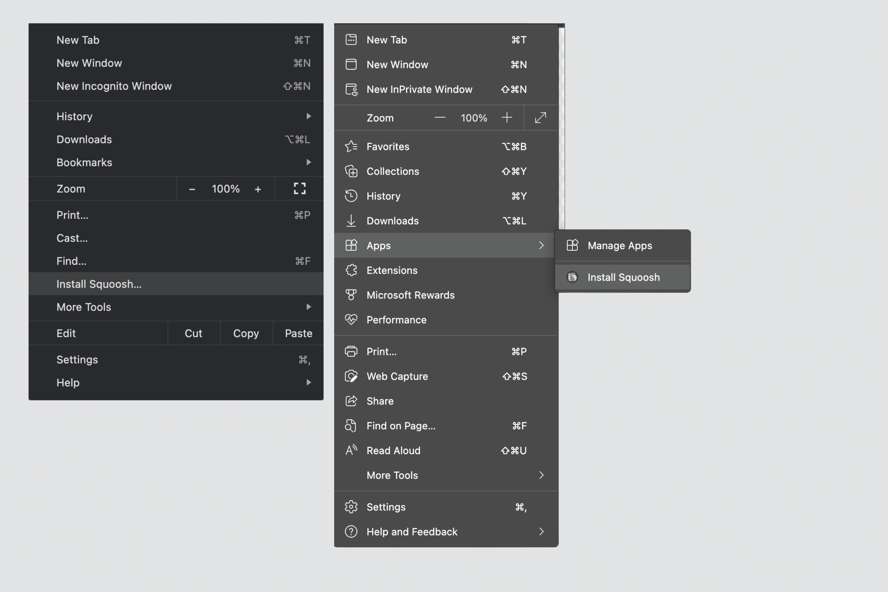 موارد منوی Chrome و Edge برای نصب PWA.