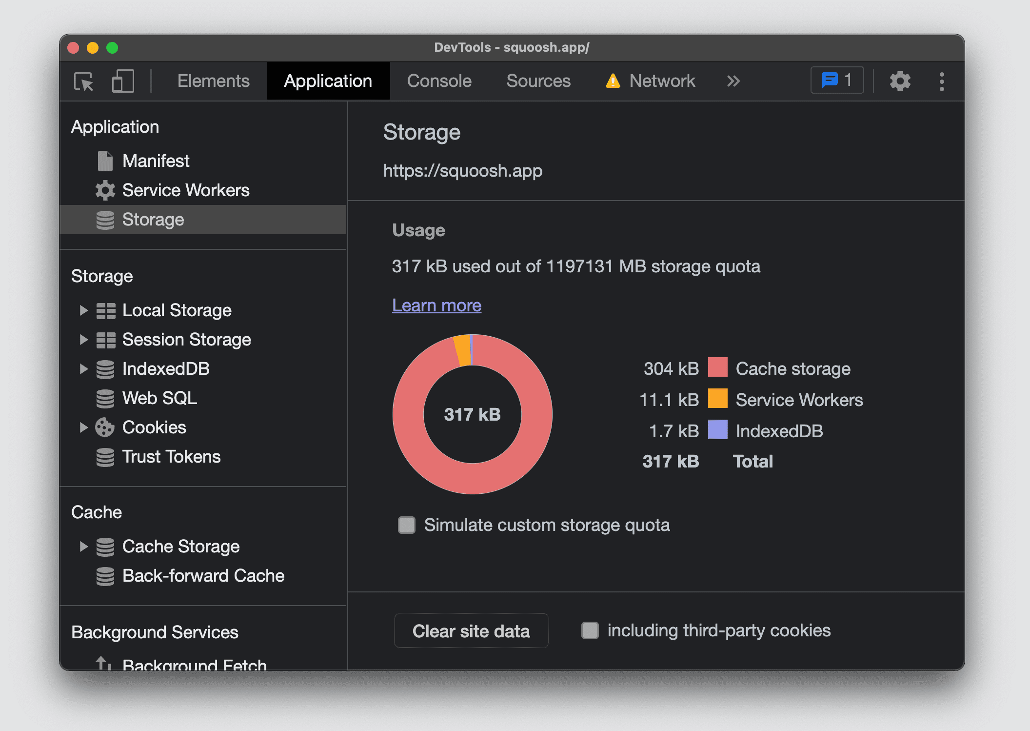 Chrome DevTools in Application, Clear Storage section